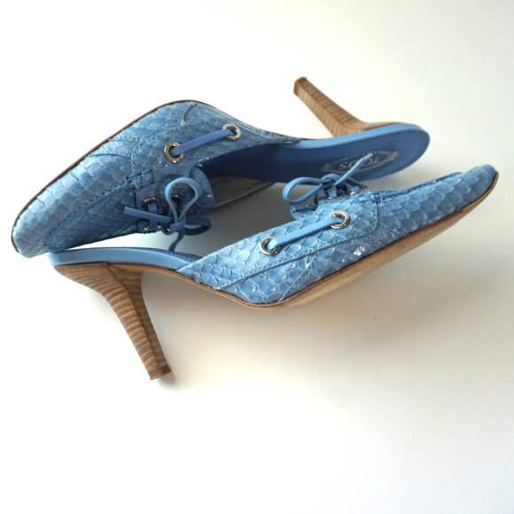 TOD'S Light Blue Leather Mules Size 6 Snakeskin Pattern - Picture 5 of 10